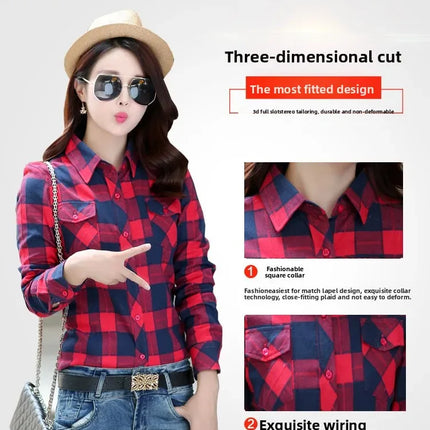 Slim Fit Plaid Long Sleeve Women's Shirt Qiang Yixuan Brand Autumn New Korean Version Cotton Button-Up Shirt