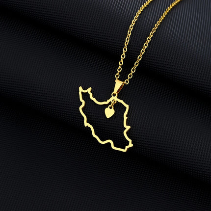 1Pcs New Stainless Steel Iran Map Hollow Heart Pendant Necklace Men's and Women's Versatile Sweater Chain Accessories Pendant