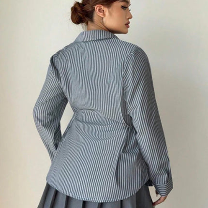 Plus Size Women's Striped Minimalist Shirt 2025 Autumn New Arrival Single-Breasted Long-Sleeved Shirt Casual & Office Wear