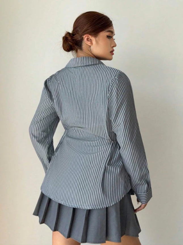 Plus Size Women's Striped Minimalist Shirt 2025 Autumn New Arrival Single-Breasted Long-Sleeved Shirt Casual & Office Wear