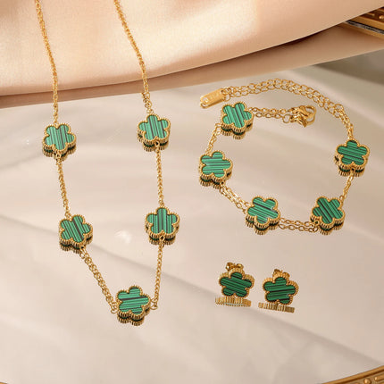 LUXUKISSKIDS Fashion Flower Necklace Earrings Set Jewelry Women Stainless Steel White Shell Clover Bracelet Jewelry Accessories