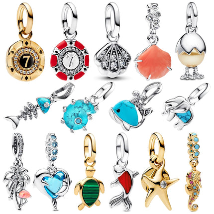 925 Sterling Silver Blue Whale Dolphin Elephant Snail&Shell&Seahorse Dangle Charm Fit Brand Bracelet Neutral DIY Jewelry