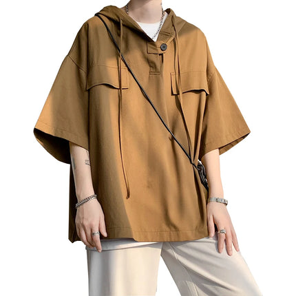 2026 Summer Men Hooded Shirt Korean Half Sleeve Pullover Streetwear Hip Hop Loose Shirt Tops Drawstring Men Clothing M-5XL