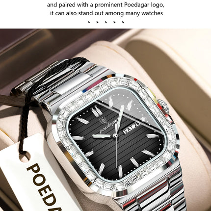 POEDAGAR Square Fashion Men's Watch Date Week Waterproof Luminous Quartz Man Watch Stainless Steel Luxury Sports Watches For Men