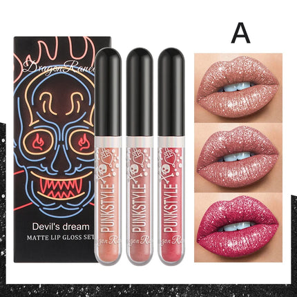 Lip Gloss in a Box of Three, Pearlescent Lipstick in a Non-Stick Cup, Shiny Purple and Black Lip Gloss Set
