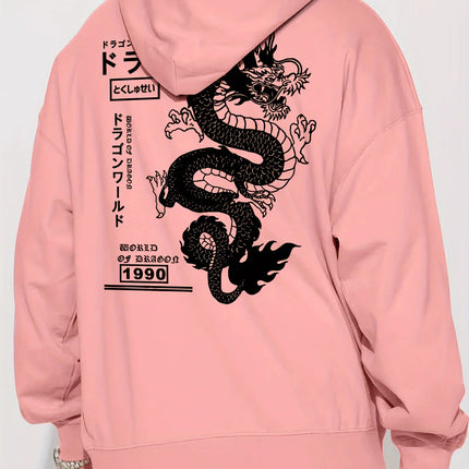 Hoodie with Geometric Dragon Print  Casual Pullover Sweatshirt for Couples Casual Long Sleeve Pullover with Pockets Comfortable