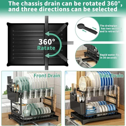 Metal 2 Tier Dish Drainer Rack Kitchen Countertop Tableware Organizer With Removable Drip Tray For Home Daily Use