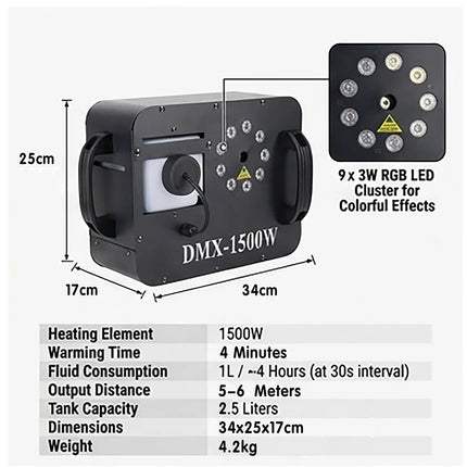 1500W Fog Smoke Machine RGB 9X3W LED Stage Fogger Effect DMX Remote Control DJ Equipment for Wedding Party Nightclub Disco