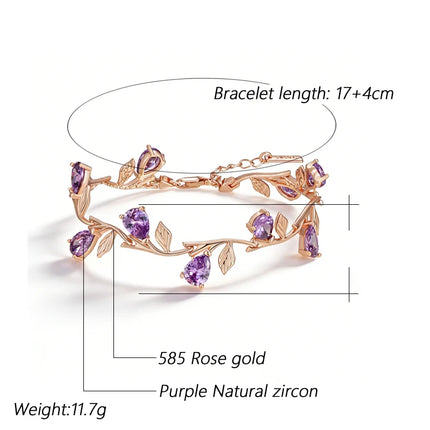 Kinel Luxury 585 Rose Gold Color Petal Bracelet For Women Fashion Shiny Purple Natural Zircon Accessories Ethnic Wedding Jewelry