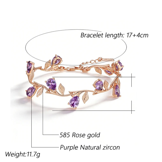 Kinel Luxury 585 Rose Gold Color Petal Bracelet For Women Fashion Shiny Purple Natural Zircon Accessories Ethnic Wedding Jewelry