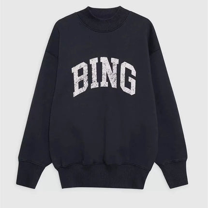 2025 Winter New North American Niche Classic Letter BING Printed Inner Fleece High Neck Loose Women's Sweatshirt