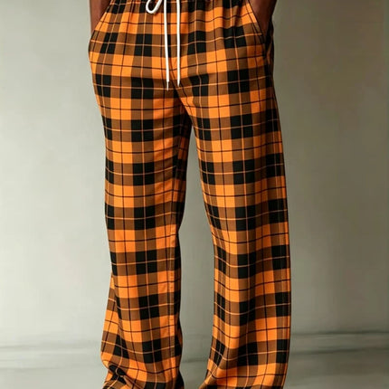 Men's classic plaid/diamond print casual pants, loose and breathable drawstring style, suitable for outdoor sports