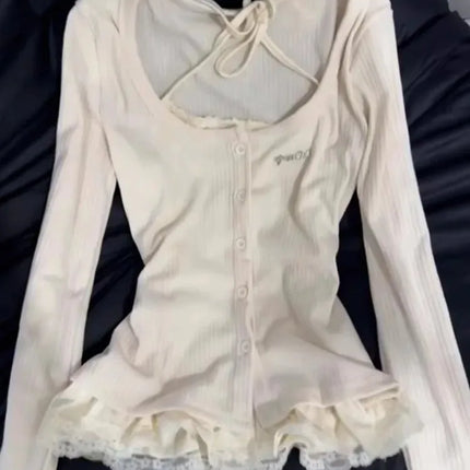 Autumn Korean Y2k Vintage Fake 2 Piece Set Women Elegant Long Sleeve Design Tops Harajuku Female Casual Lace 2000s Chic T-Shirt
