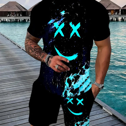 Summer men's T-shirt cartoon printed pattern breathable lightweight polyester men's T-shirt short sleeved shorts set
