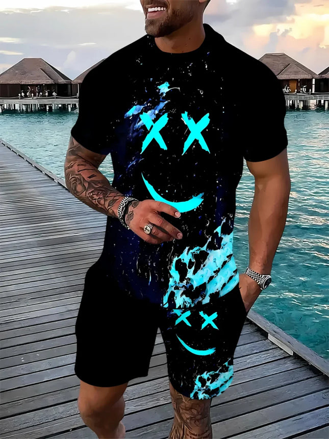 Summer men's T-shirt cartoon printed pattern breathable lightweight polyester men's T-shirt short sleeved shorts set