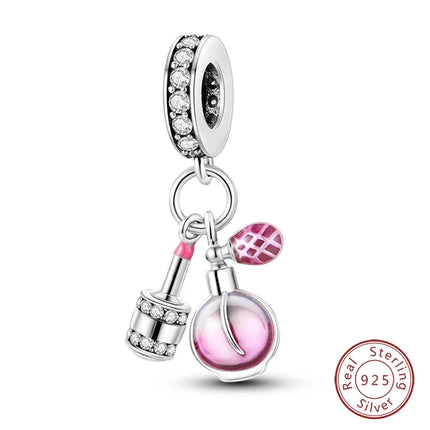 100% 925 Sterling Silver Fashion Pink Princess Skirt Bag Lipstick Charms Beads Fit Qikaola Original Bracelets DIY Jewelry Gifts