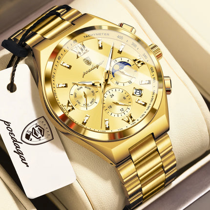POEDAGAR Fashion Functional Men's Wristwatch Luminous Week Date Business Watch For Men Stainless Steel Sports Men's Quartz Watches