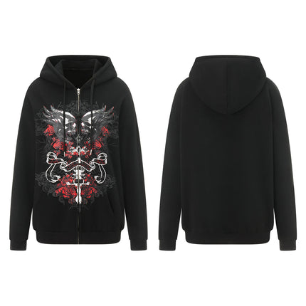 Combhasaki Women Y2K Vintage Grunge Gothic Loose Coat Long Sleeve Skull Print Sweatshirt Outwear with Pocket Jacket with Zipper