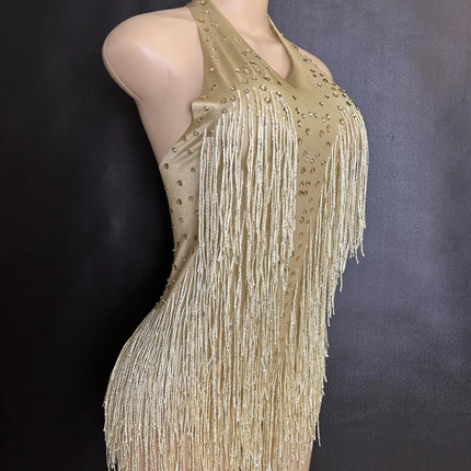 Sparkly Rhinestones Fringe Bodysuit Women Nightclub Party Dance Costume Stage Wear Sexy Tassel Leotard Performance Clothing 7G