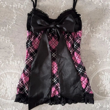 Harajuku Sweet Cool American High Street Casual Tank Tops Y2k Aesthetic Contrast Color Plaid Camisole Thin A-line Lace Edge Tee