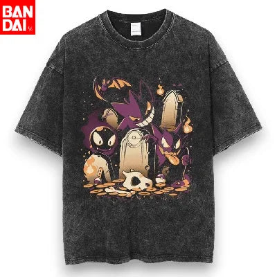 Pokemon Gastly Haunter Gengar Graveyard Print T Shirt Men 2026 Summer Vintage Acid Wash Oversized Tee Anime Streetwear Harajuku
