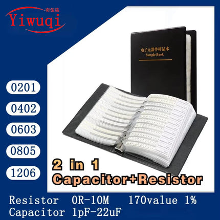 Resistor capacitor Book 2 in 1 SMD chip Sample 0201 0402 0603 0805 1206 0R~10M 1% 1PF-22UF Student engineer maintenance