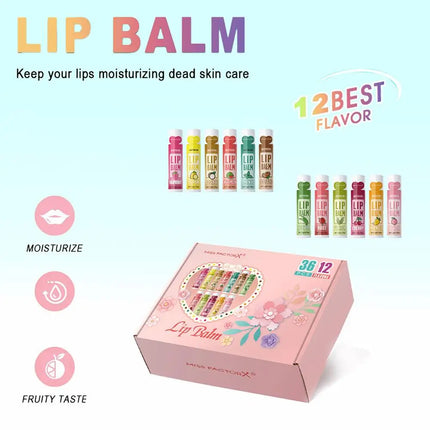 Moisturizing Lip Balm Set 36PCS, 12 Flavored Natural Lip Balms For Gifts Party Favors Bulk Fruit Lip Balms Dry Cracked Lip Care