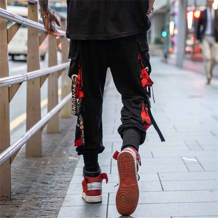 Men's Cargo Pants Casual Hip Hop Hit Color Multiple Pockets Trousers Streetwear Black Punk Ribbons Techwear Sweatpants Boys