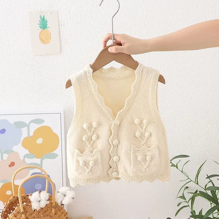 Kids Girls Embroidery Vest 2024 New Arrival Children Knitted Cardigan Autumn Winter Cotton Tops Pink Khaki Outwear Sweaters