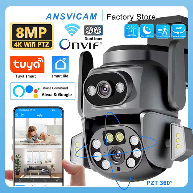 4K 8MP WIFI Camera TUYA APP Dual Screen Binocular Camera AI Humanoid Automatic Tracking CCTV Alexa Security Intelligent IP66 Monitoring