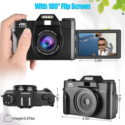 4K Digital Camera for Photography 16X Digital Zoom Vlogging Camera for YouTube 64MP WiFi Auto Focus Video Camera 3" Flip Screen