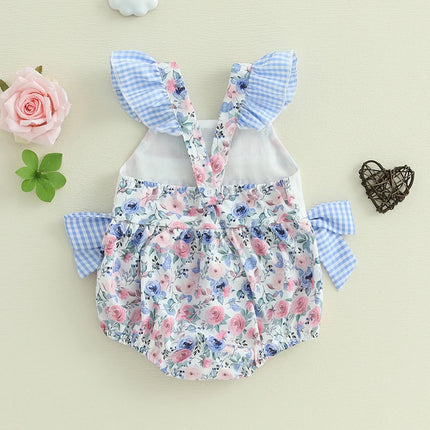 Baby Girls Romper Fly Sleeve Flower Print Embroidery Letters Bow Infant Bodysuit Summer Clothes for Casual Daily