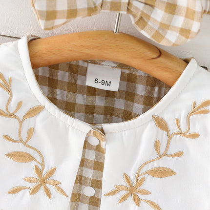 Baby girl baby fashionable fake collar embroidered round neck long sleeved plaid triangle jumpsuit (including headband)