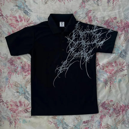Y2K Polo Shirt Print Rock Goth Oversized T-shirt Hip Hop Button-down Collar Shirt Punk Casual Tee Minimalist and Fashionable