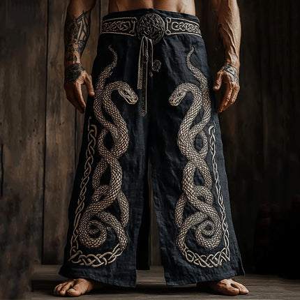 Men's Retro Viking Celtic Knot and Snake 3D Printed Casual Drawstring Straight-Leg Summer Beach Pants