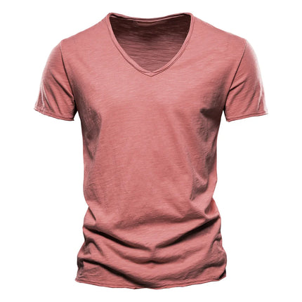 Brand Quality 100% Cotton Men's T-shirt V-neck Fashion Design Slim Fit Solid T-shirts Male Tops Tees Short Sleeve T-Shirt For Men