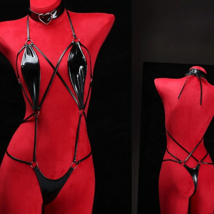 Black Patent Leather Strappy Bodysuit with Heart Choker Sexy Hollow Out Harness Lingerie Fetish Role Play Costume Wet Look Teddy
