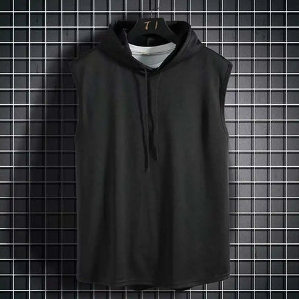 Men's lace up hooded sleeveless vest, men's summer loose solid color hip-hop T-shirt top, sports vest