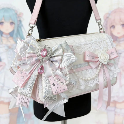 Lolita Angel Wing Bow Handmade Finished Crystal Pearl ItaBag Charm DIY Lolita Bags Clothing Decorations Accessories