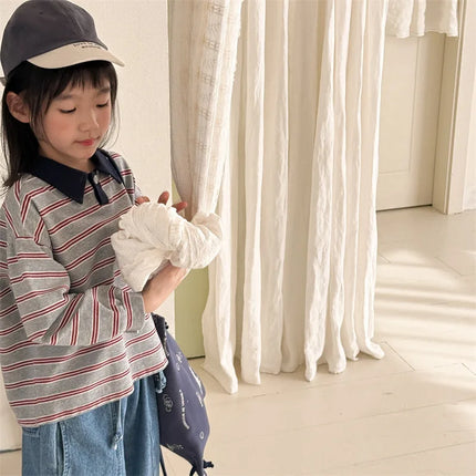 2026 Spring Children's Clothes Girls Long Sleeved T-shirts Toddler Boys Striped Tops Autumn 1-6Year Kids Polo Shirt