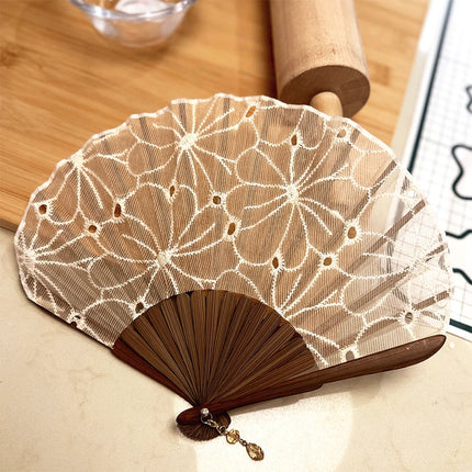 Lace Embroidery Flower Folding Fan Mini Shell Shape Chinese Hanfu Hand Fan With Pendant Home Decor Wedding Crafts Fans Gift