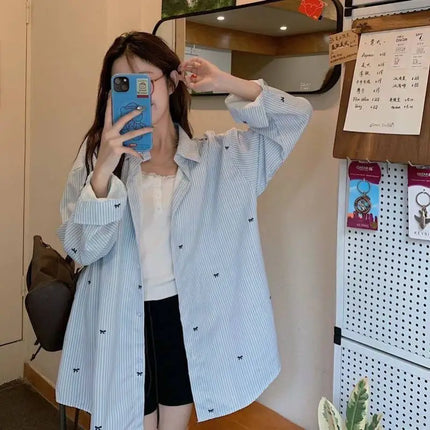 Women's Plus Size Long Sleeve Blue Striped Bow Print Shirt Casual Loose Unique Design Blouse
