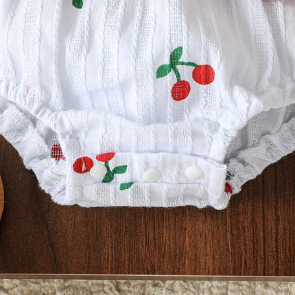2Pcs Spring&AutumToddler Baby Girls Fly Sleeve Rompers Infant Cherry Embroidery Bodysuits Cotton Jumpsuits 0-18 M +Headband