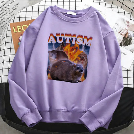 Y2k Vintage Autism Animals Hoodies Basic Warm Fleece Sweatshirt Soft Breathable O-Neck Pullover Casual Female Clothes