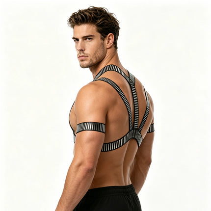 Sexy Men Harness with Armbands Set Erotic Bondage Lingerie Elastic Halter Body Belt Shiny O Ring Fetish Costumes