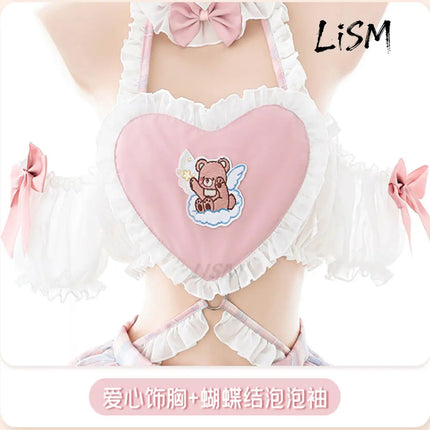 LISM Cute Pink Lolita Maid Costume Sweet Anime Bear Embroidery Lingerie Set for Cosplay Role Play