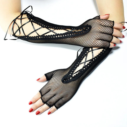Women's summer sexy mesh strap gloves long half finger lace hollow Halloween cosplay performance etiquette gloves
