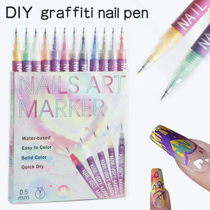 12 Colors Nail Art Pens Set,Nail Polish Pens Drawing Painting Point Liner Acrylic Painted Pen Kit, Waterproof and Quick-drying