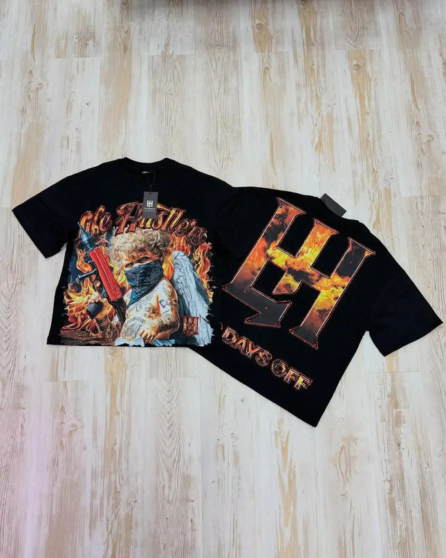 90s Comfortable Printed Fire Element Pure Cotton Series Short-Sleeves Black Minimalism American Street Casual Sports T-shirts