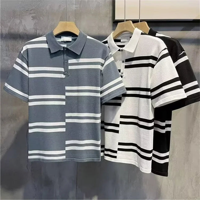 Summer Men's American Vintage Striped Patchwork Polo T-shirts Korean Fashion Streetwear Short Sleeve Polos Homme Casual Y2K Tops